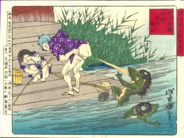 日本 Painting - 深川の材木置き場で河童におならをする 月岡芳年